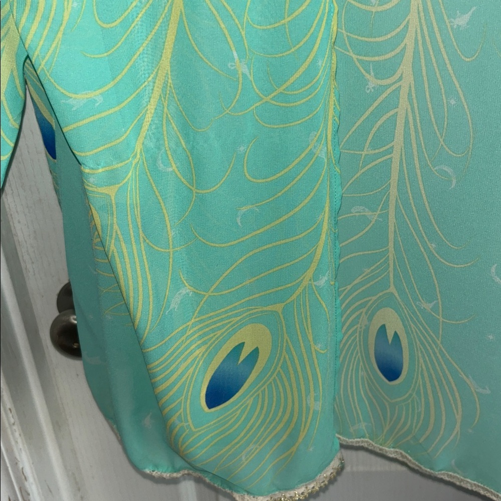 Disney Teal Peacock Feather Open-Front Kimono - Picture 2 of 6
